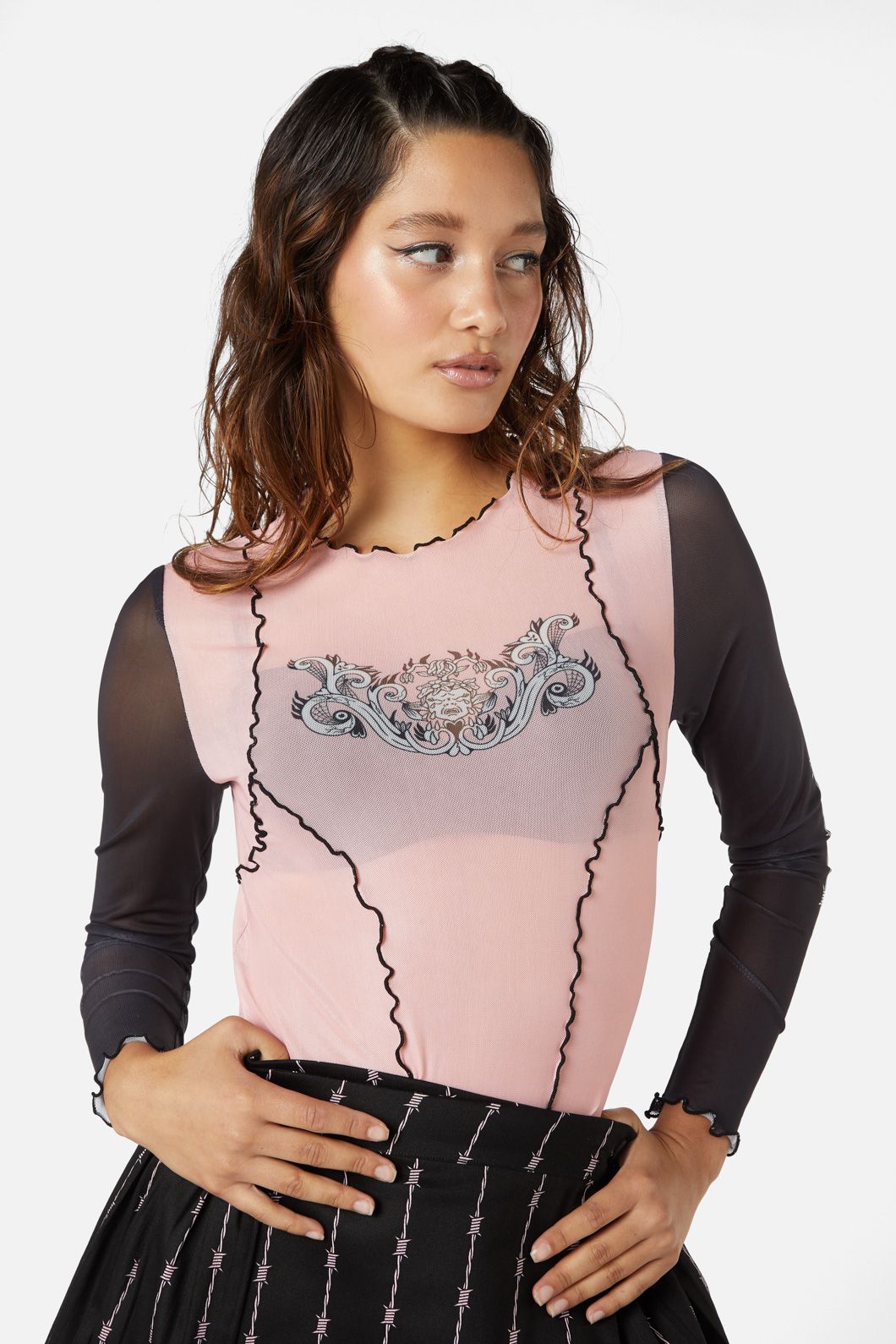 Stylish Polyester Elastane Blend Manic Babylock Printed Mesh Long - Sleeve Top in Black/Pink