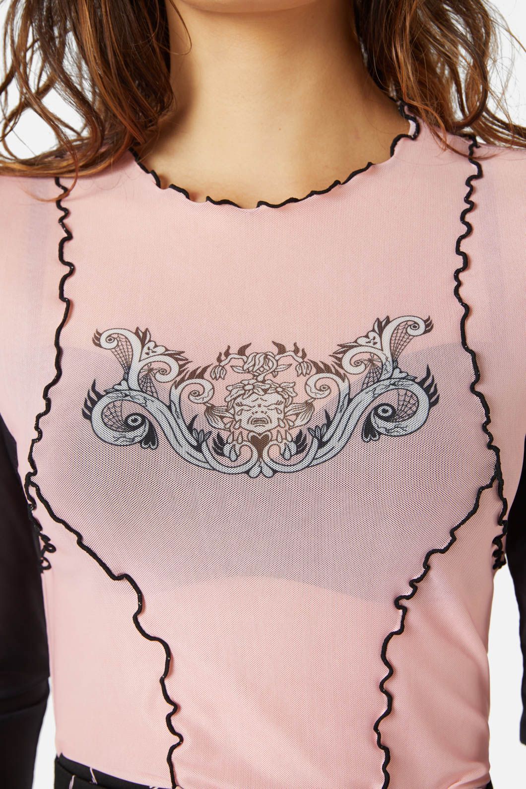 Stylish Polyester Elastane Blend Manic Babylock Printed Mesh Long - Sleeve Top in Black/Pink