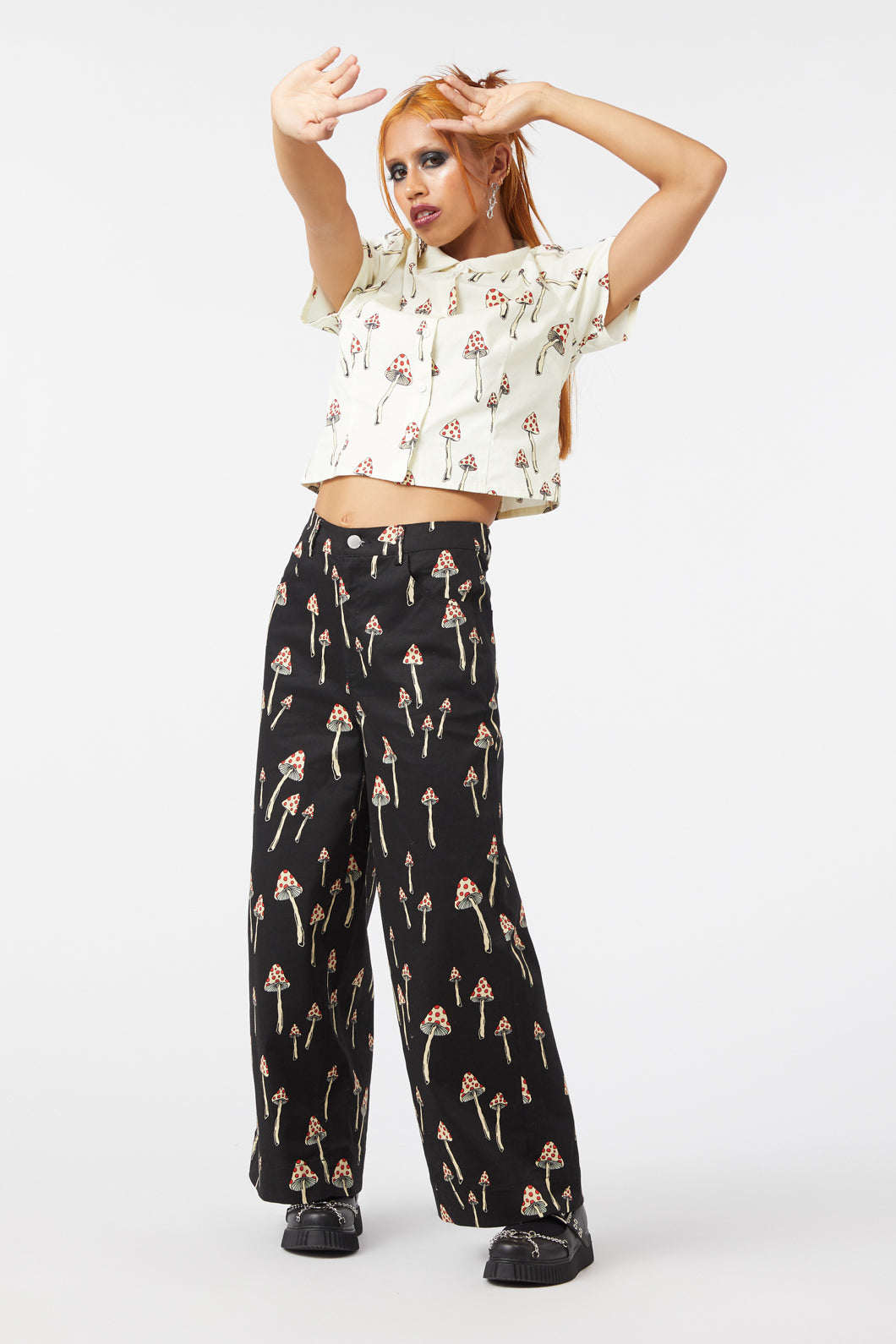 Stylish All - Over Mushroom Print Wide Leg Cotton Drill Pants