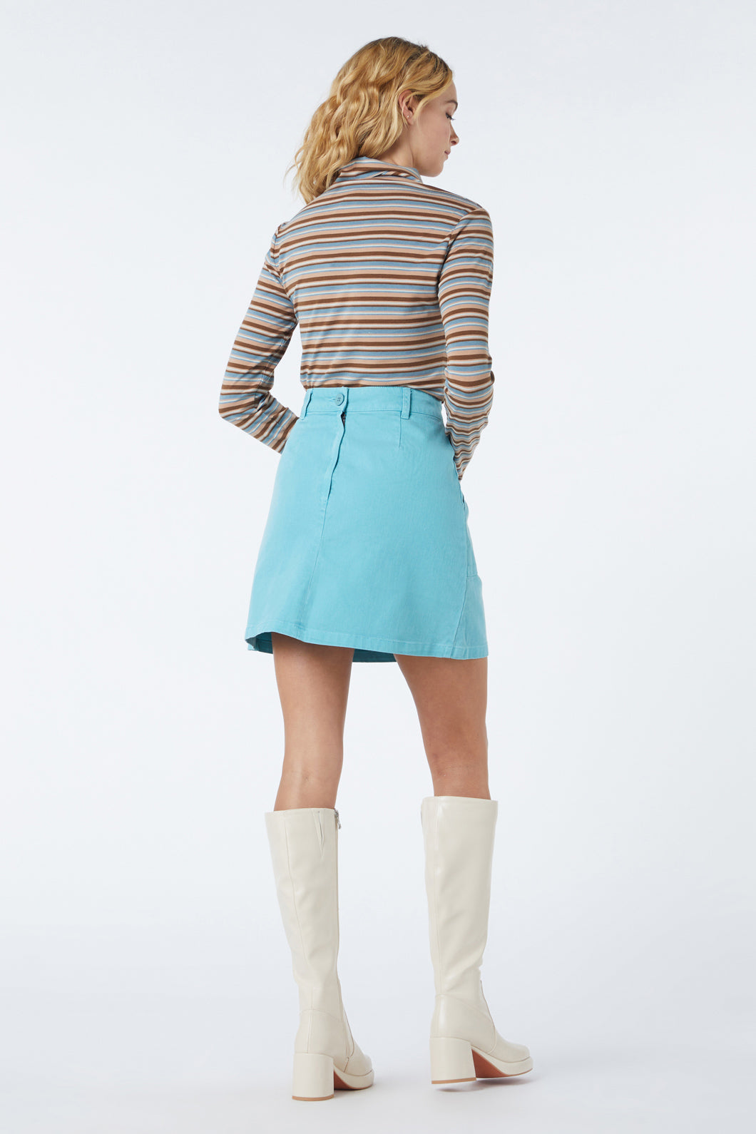 Stretchy Cotton Drill High Waisted Mini Skirt with Large Patch Pocket in Blue and Lilac