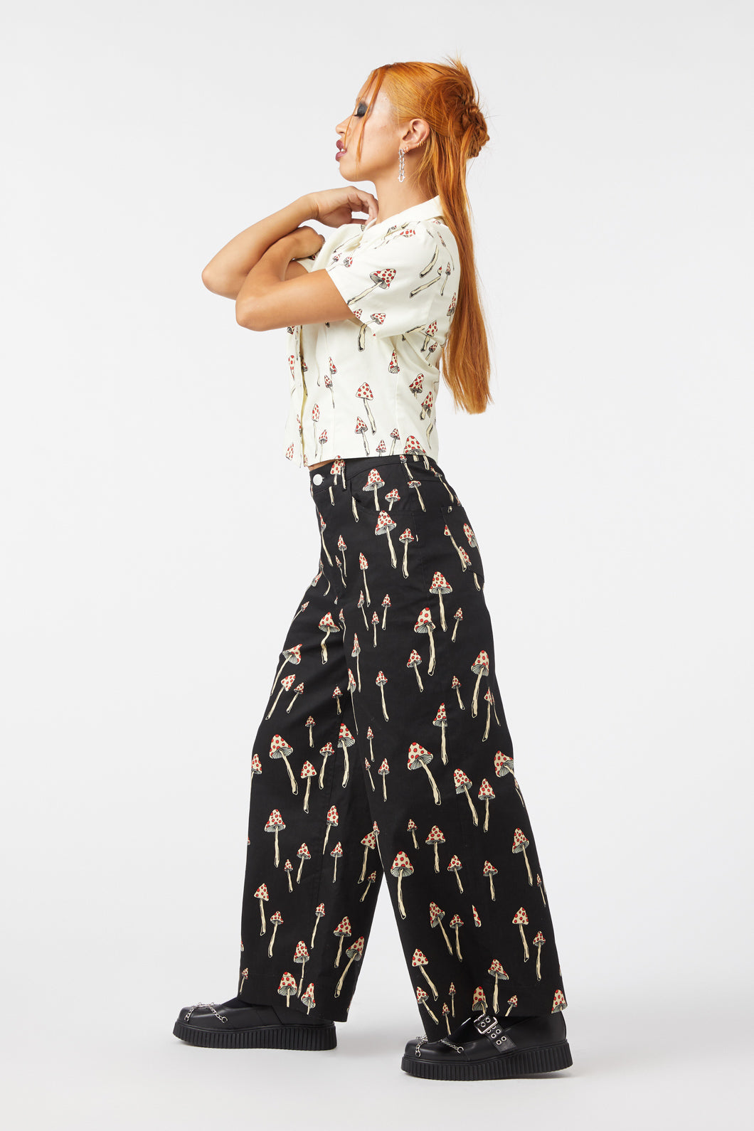 Stylish All - Over Mushroom Print Wide Leg Cotton Drill Pants
