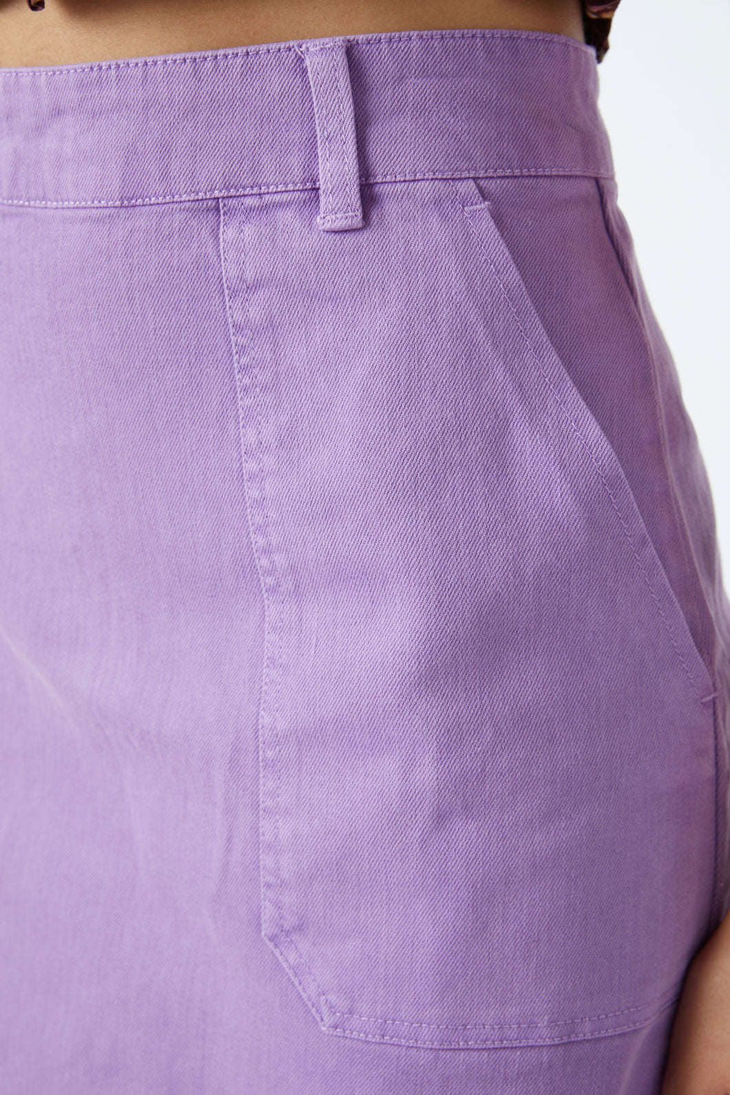 Stretchy Cotton Drill High Waisted Mini Skirt with Large Patch Pocket in Blue and Lilac