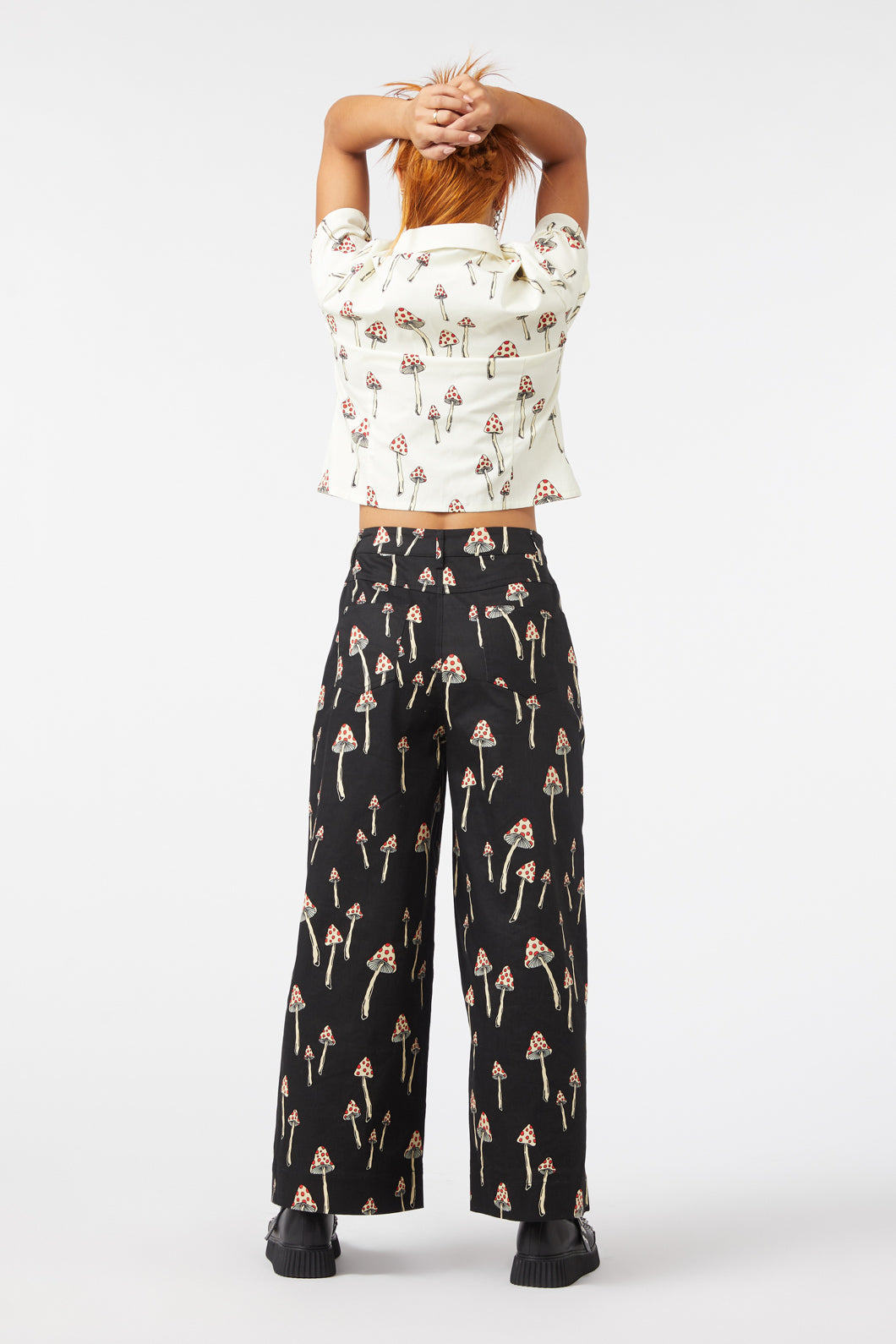 Stylish All - Over Mushroom Print Wide Leg Cotton Drill Pants