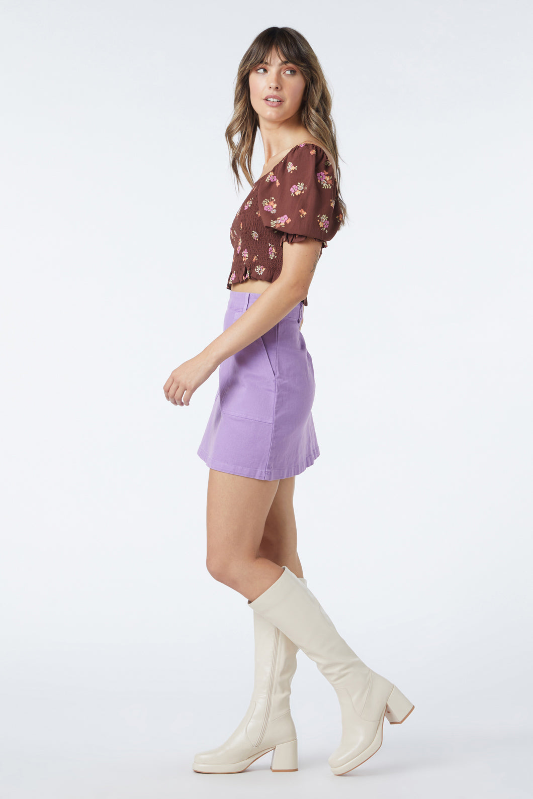 Stretchy Cotton Drill High Waisted Mini Skirt with Large Patch Pocket in Blue and Lilac
