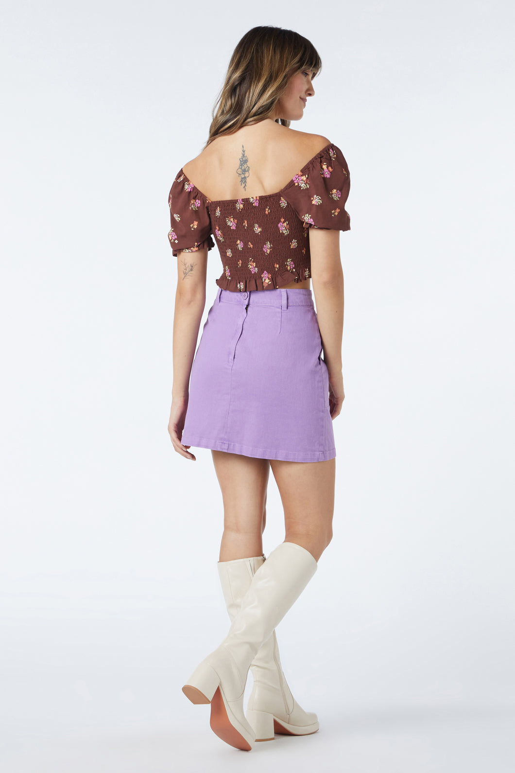 Stretchy Cotton Drill High Waisted Mini Skirt with Large Patch Pocket in Blue and Lilac