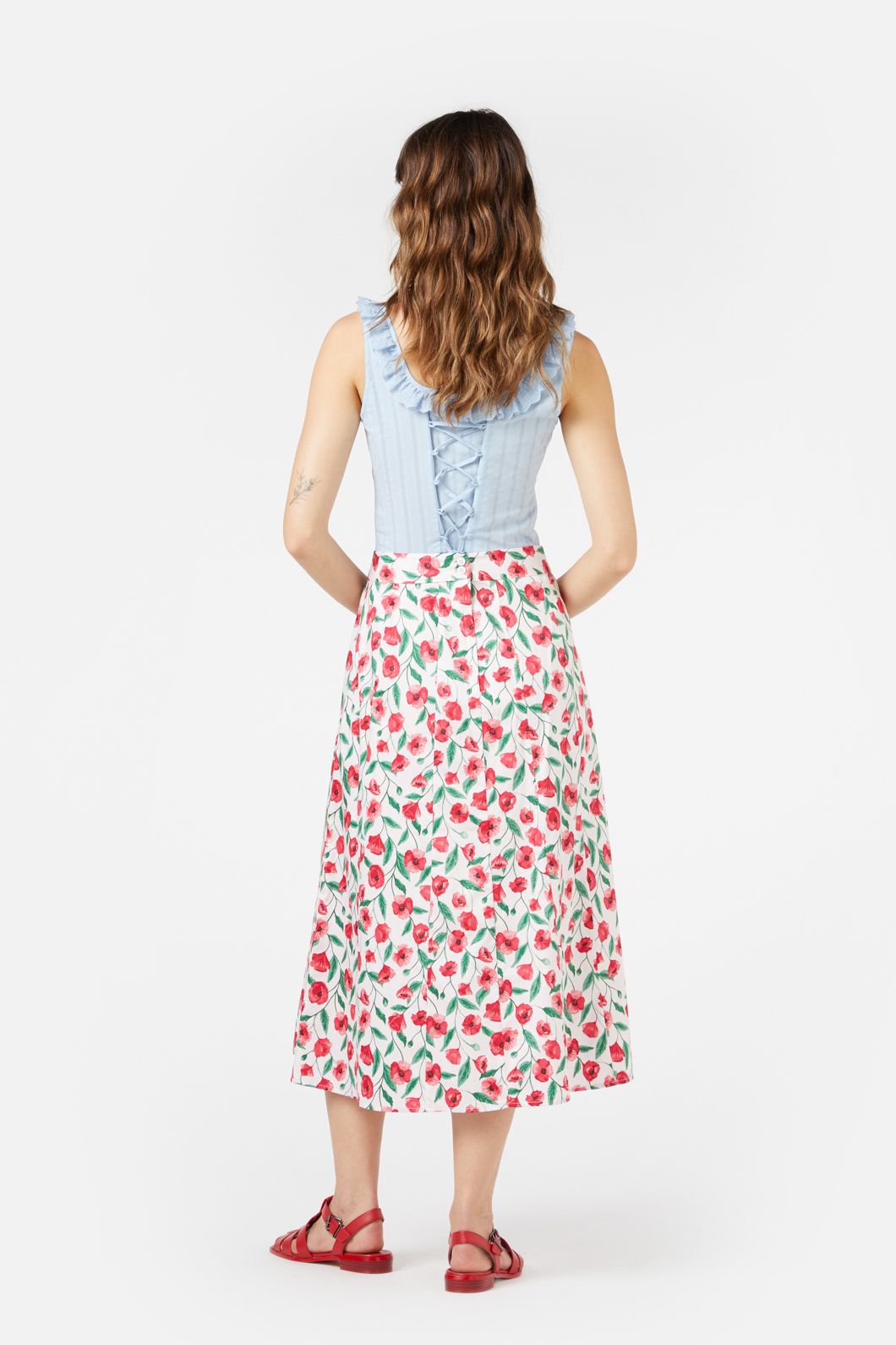 Summer Soft Cotton Red Poppy Printed Midi A-Line Skirt
