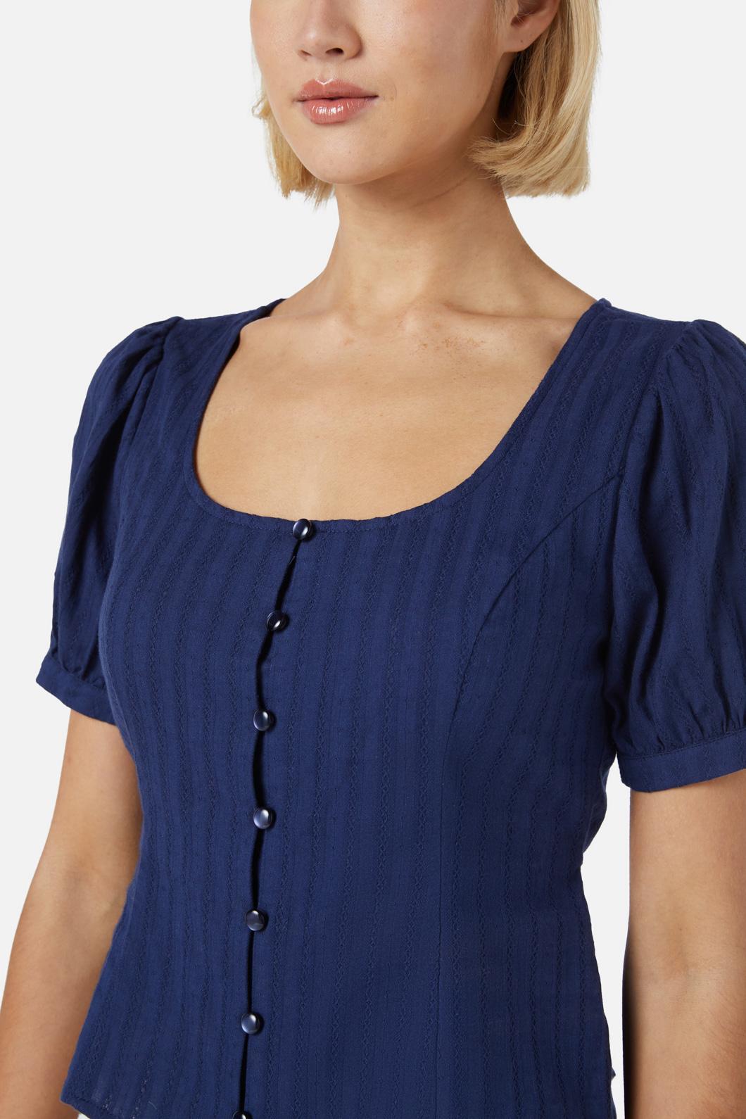 Cherry & Navy Textured Cotton Neisha Top with Short Puffed Sleeves