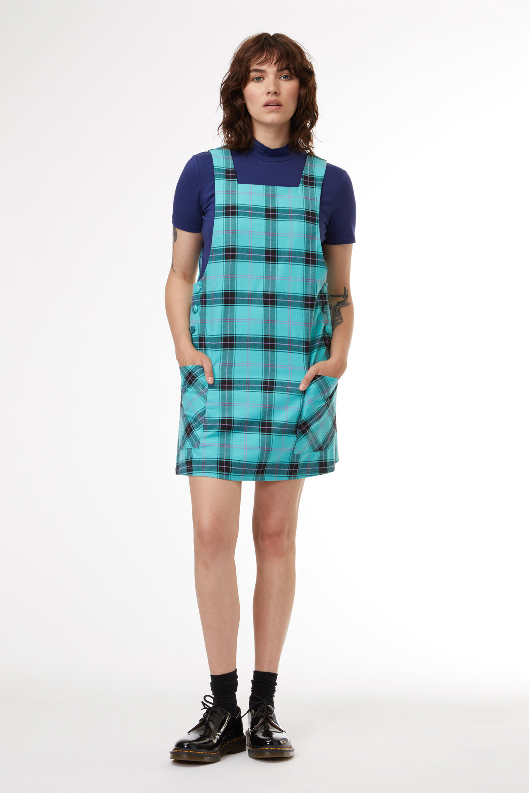 Charming Teal Tartan A - line Pinafore with Patch Pockets