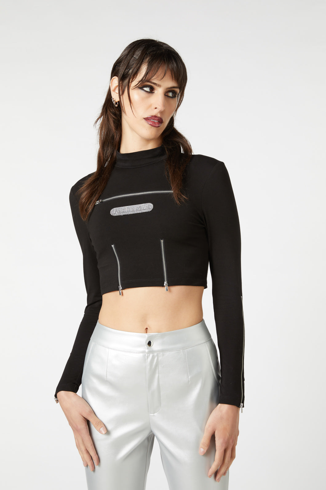 Black Cotton Jersey Cropped Radioactive Raver Zip-Up Top