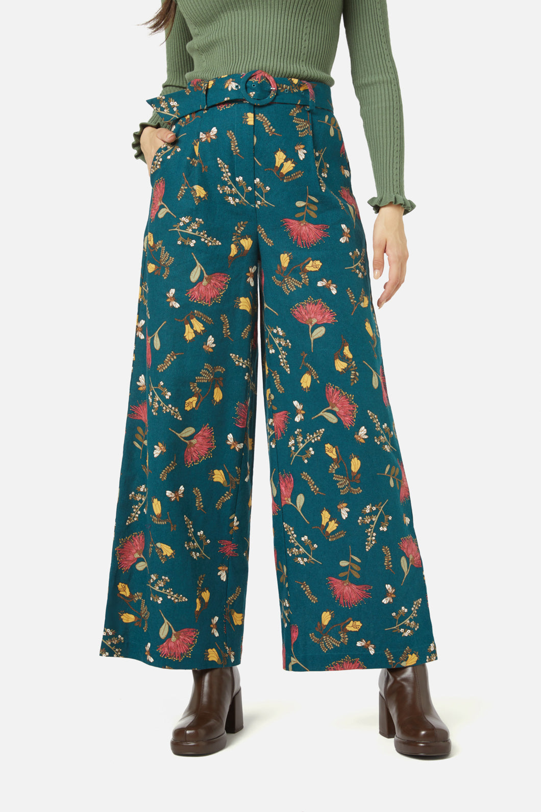 Teal High-Waisted Linen-Cotton Blend NZ Flora Print Pant