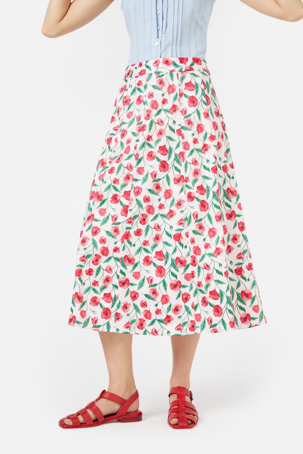 Summer Soft Cotton Red Poppy Printed Midi A-Line Skirt