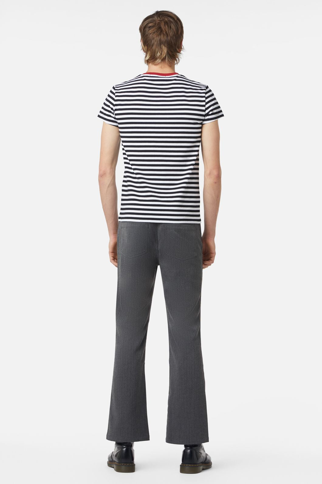 Stylish Cotton Graphic 'Mick' Stripe Print Round Neck Short Sleeve Tee in Black