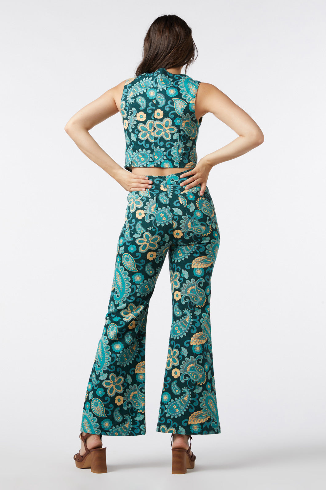 Green Retro Sunset Paisley High-Waisted Full-Length Flare Jeans