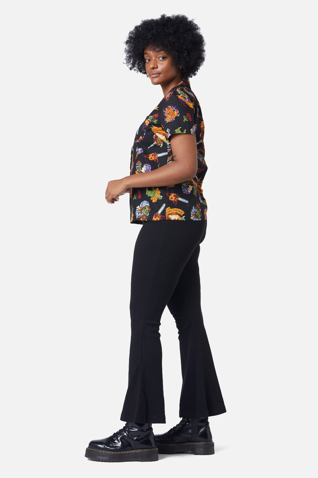 Organic Cotton Short-Sleeve Collared Button-Down Tattoo Zombie Print Shirt in Black
