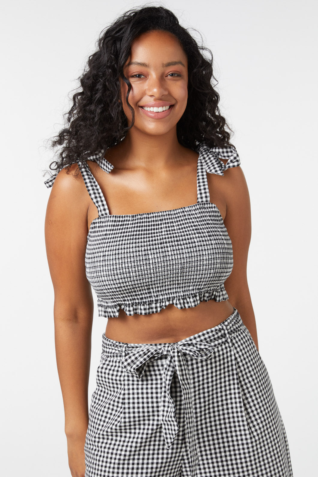 Tessa Adjustable Shirred Check Cropped Cotton Top for Summer