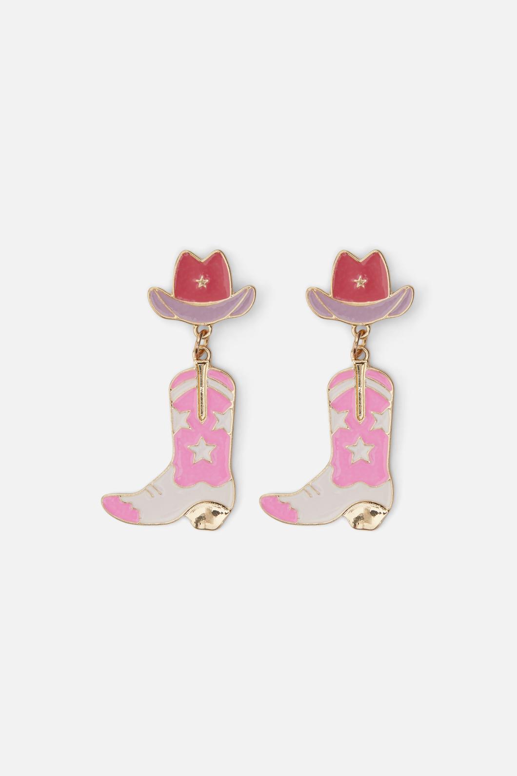 Stylish Pink Western Cowboy Outlaw Stud Earrings with Hat and Boot Charms