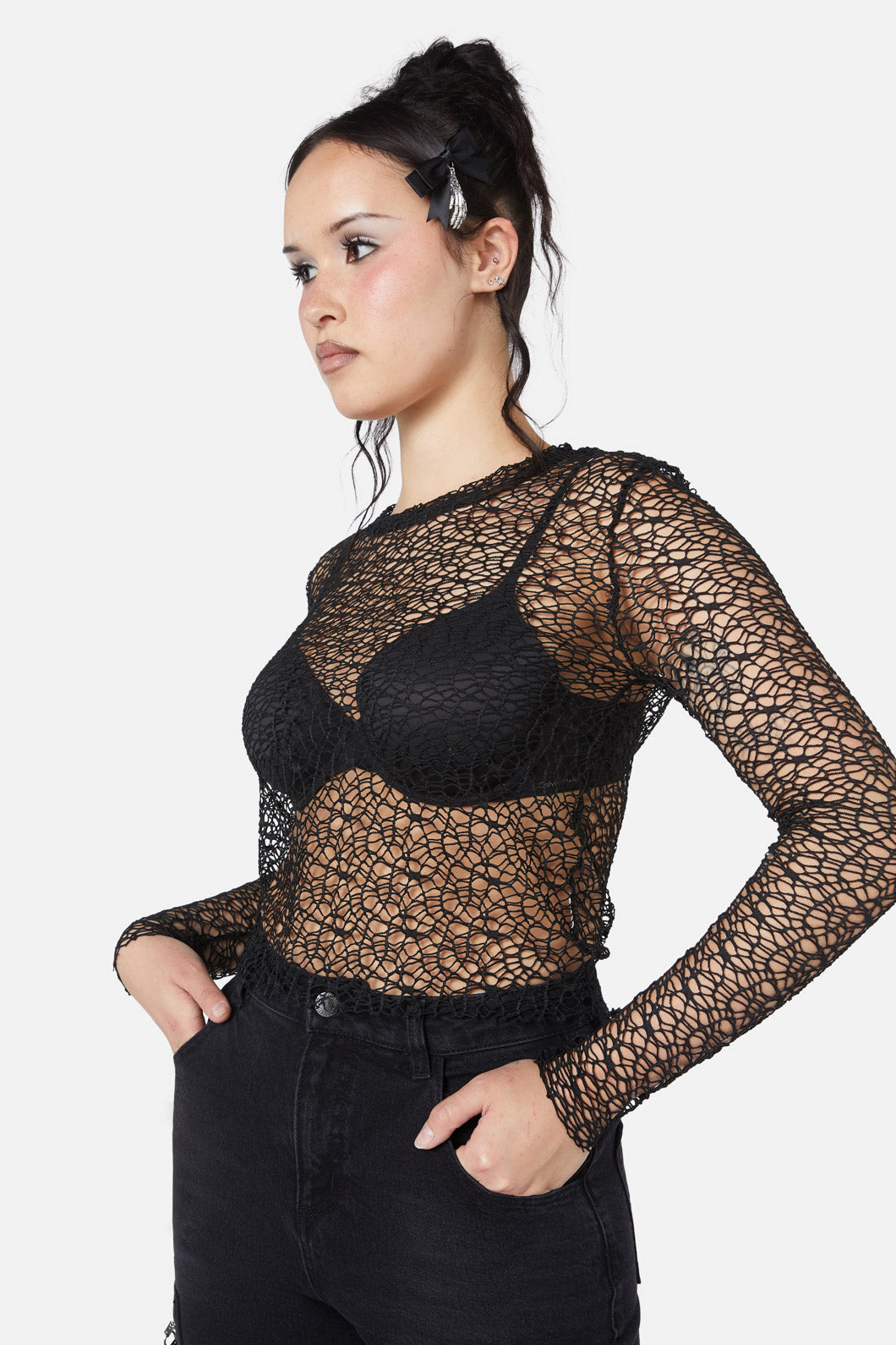 Popular Mortal Cobweb - Designed Webbed Mesh Long - Sleeve Top for Fashion