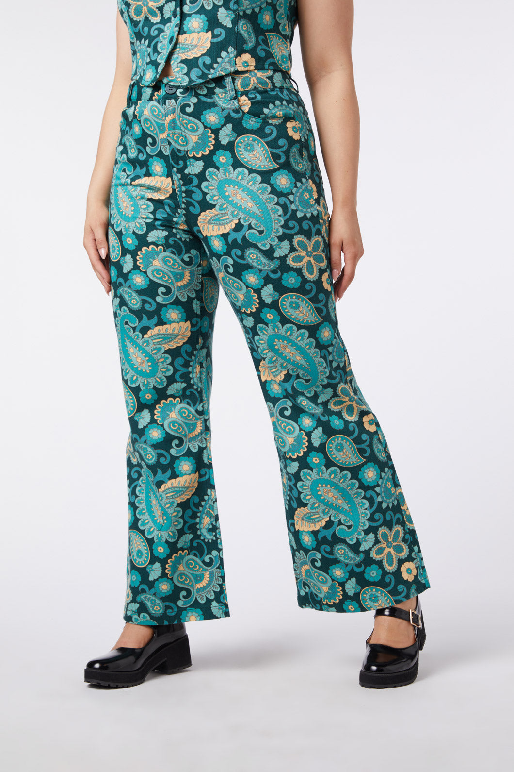 Green Retro Sunset Paisley High-Waisted Full-Length Flare Jeans
