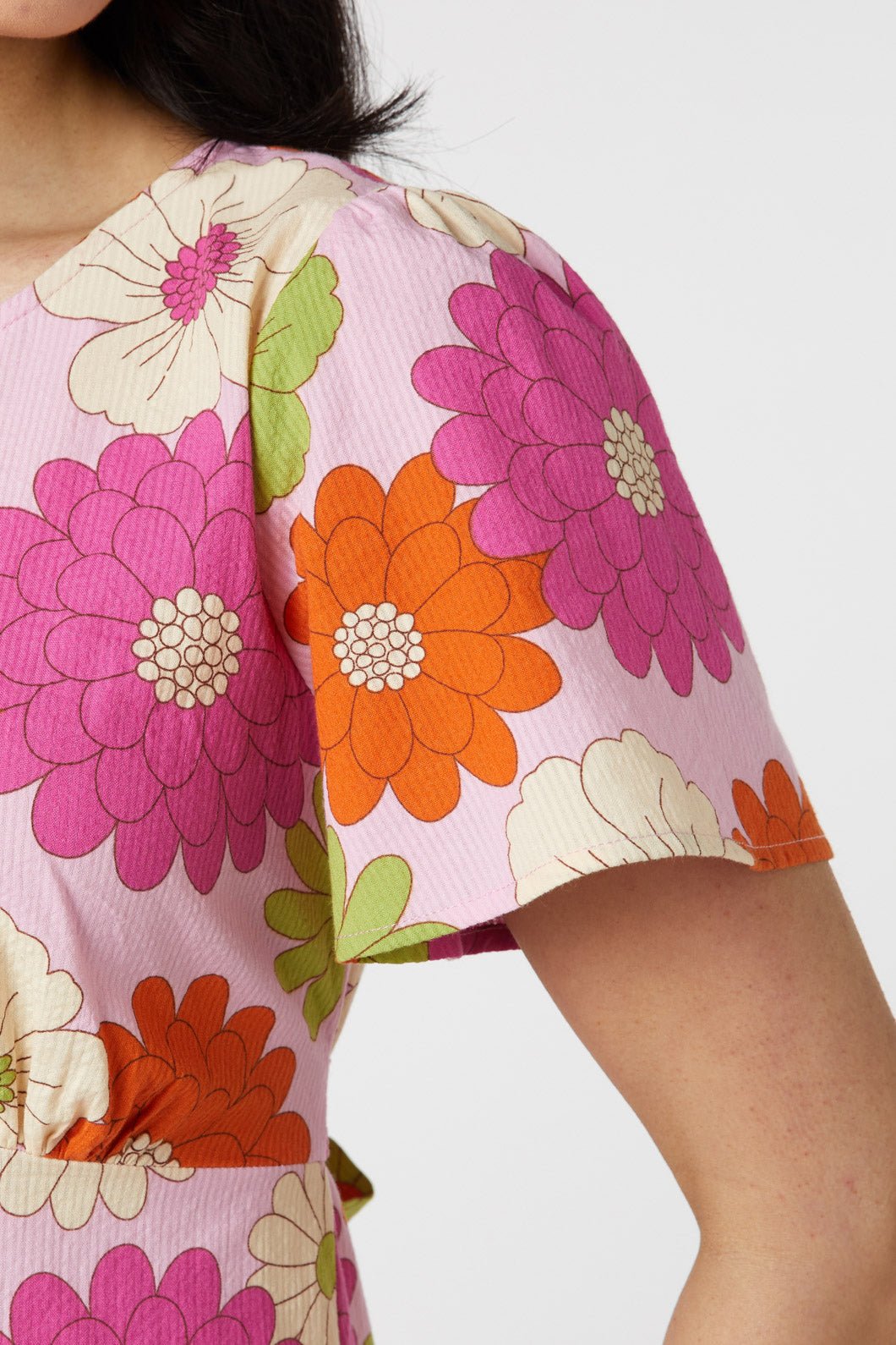 Pink Textured 100% Cotton Susan Floral Retro Mini Dress
