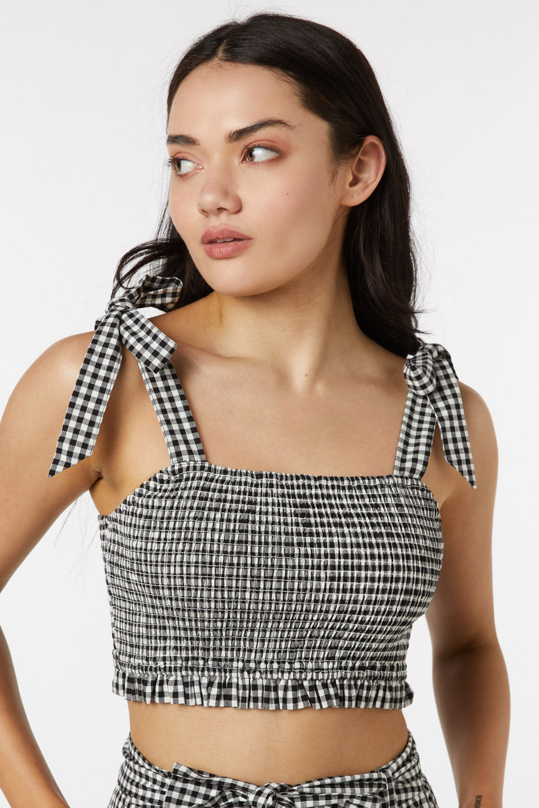 Tessa Adjustable Shirred Check Cropped Cotton Top for Summer