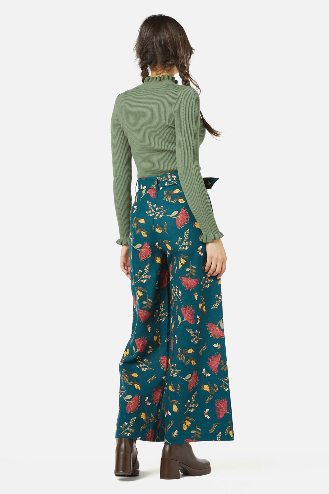 Teal High-Waisted Linen-Cotton Blend NZ Flora Print Pant
