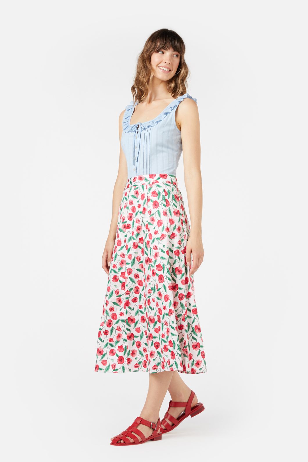 Summer Soft Cotton Red Poppy Printed Midi A-Line Skirt