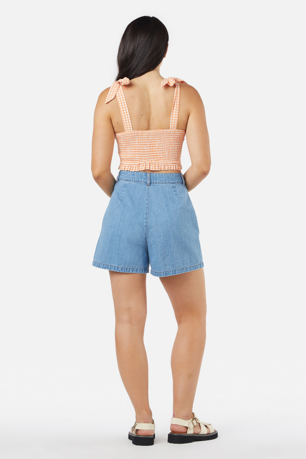 Tessa Adjustable Shirred Check Cropped Cotton Top for Summer
