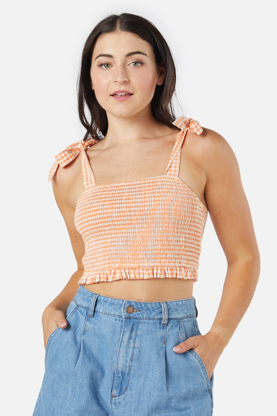 Tessa Adjustable Shirred Check Cropped Cotton Top for Summer