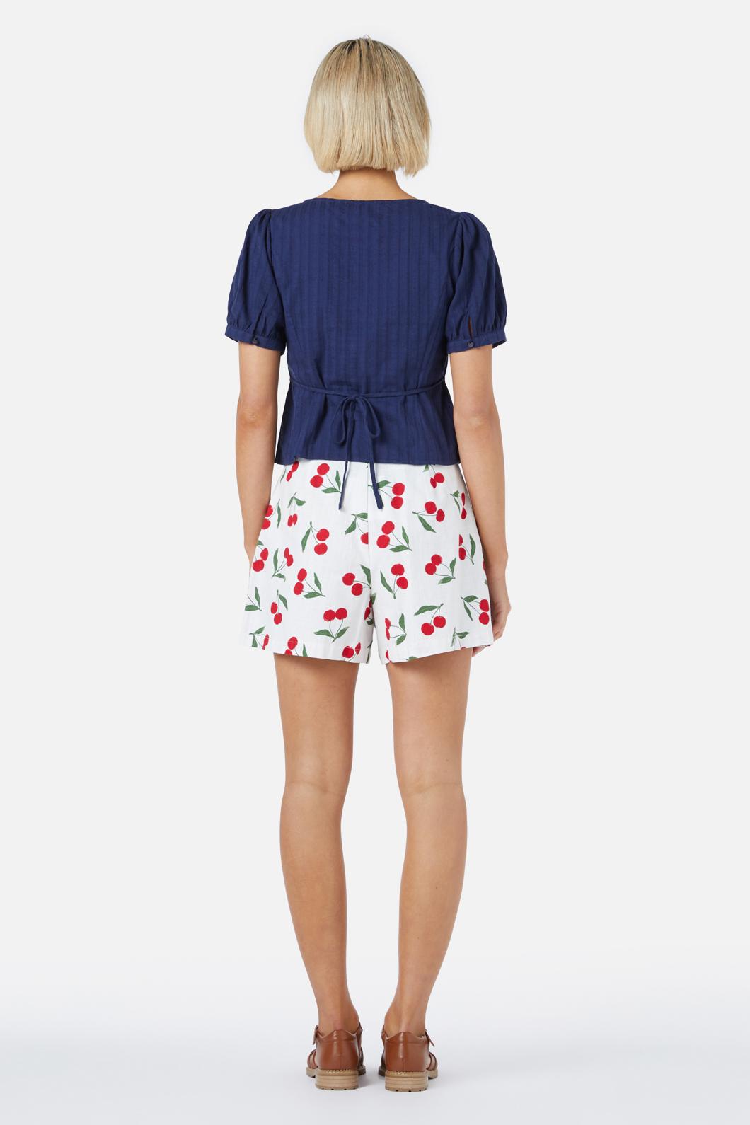 Cherry & Navy Textured Cotton Neisha Top with Short Puffed Sleeves