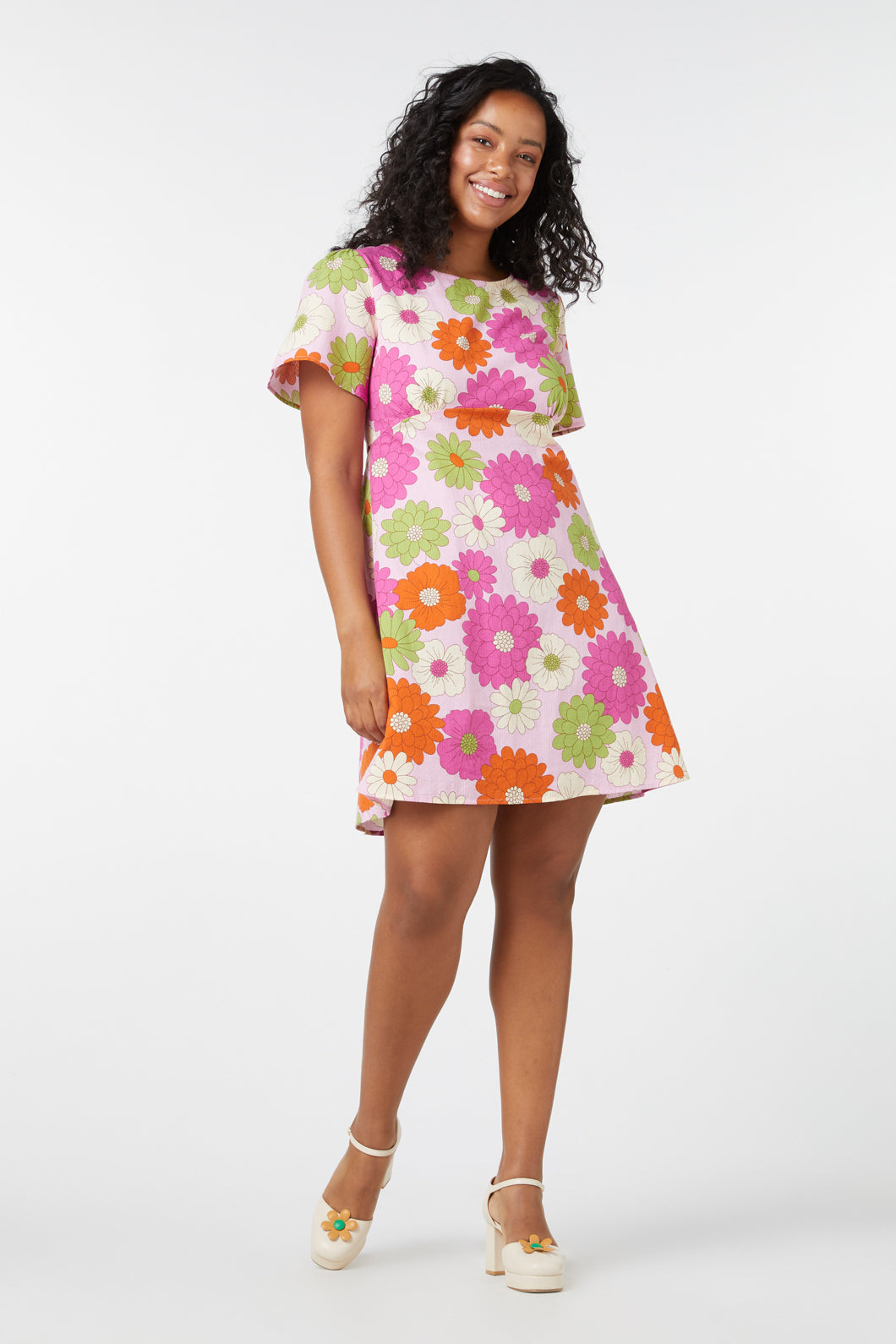 Pink Textured 100% Cotton Susan Floral Retro Mini Dress