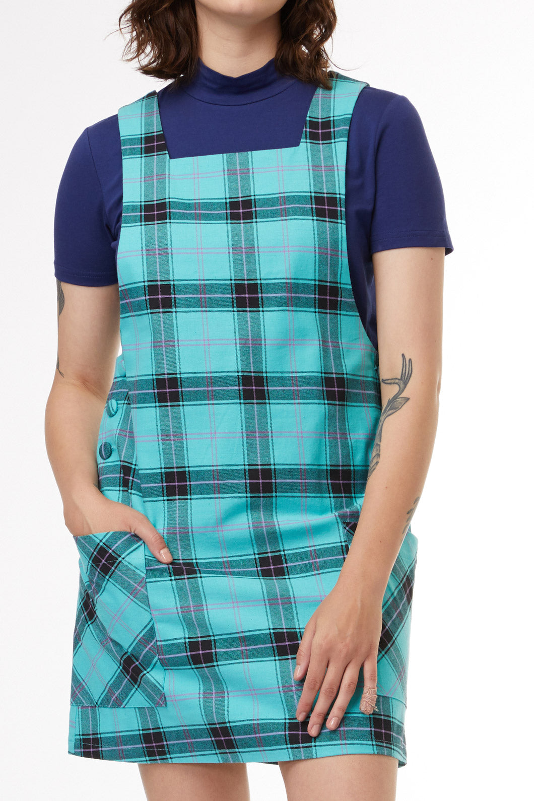 Charming Teal Tartan A - line Pinafore with Patch Pockets