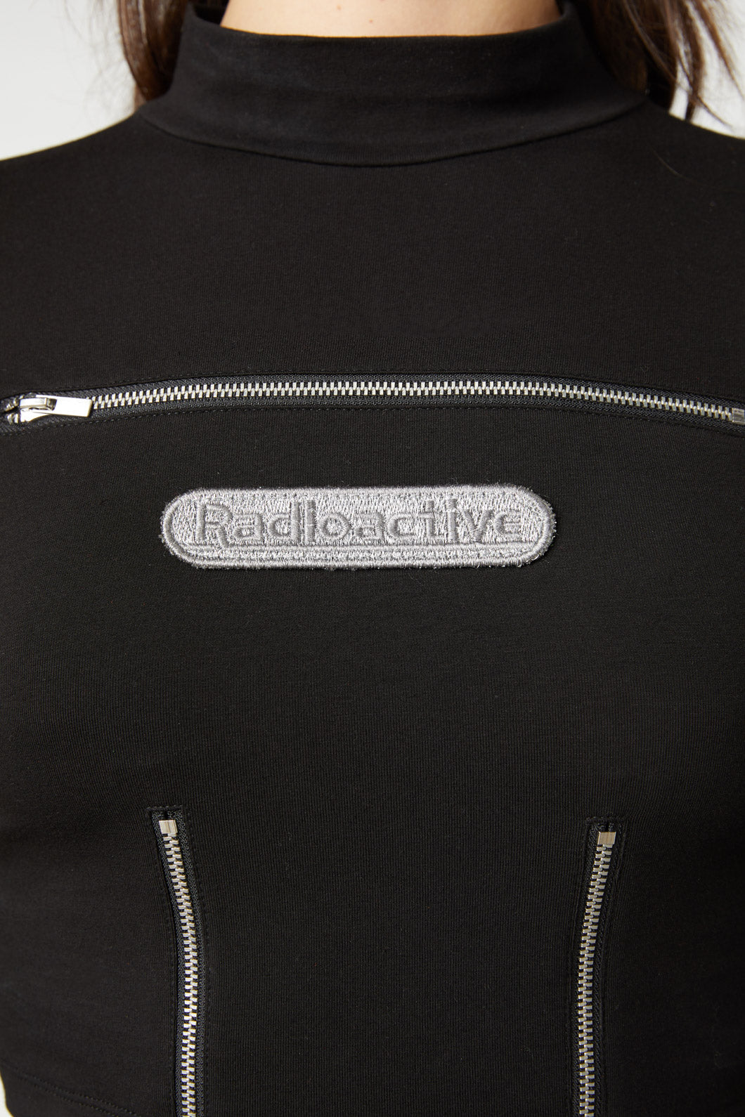 Black Cotton Jersey Cropped Radioactive Raver Zip-Up Top