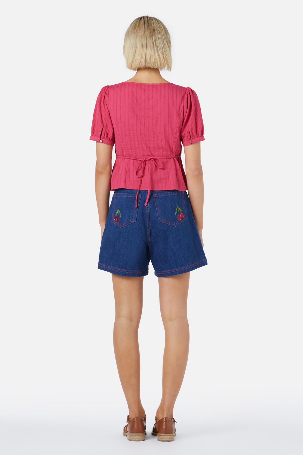 Cherry & Navy Textured Cotton Neisha Top with Short Puffed Sleeves
