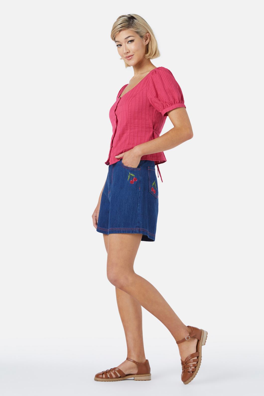 Cherry & Navy Textured Cotton Neisha Top with Short Puffed Sleeves