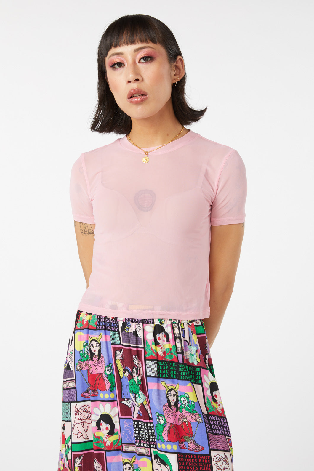 Fashionable Short-Sleeved Mesh Messy Women's Top