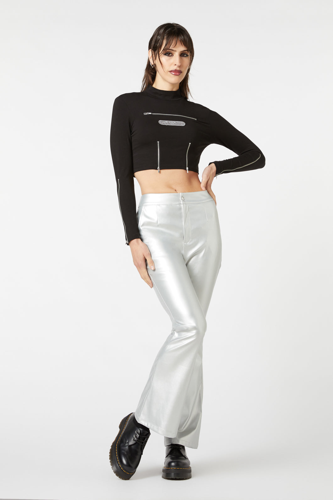 Black Cotton Jersey Cropped Radioactive Raver Zip-Up Top