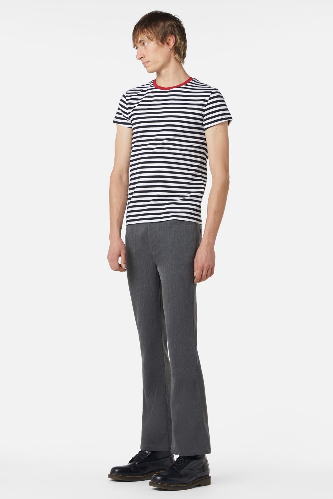 Stylish Cotton Graphic 'Mick' Stripe Print Round Neck Short Sleeve Tee in Black