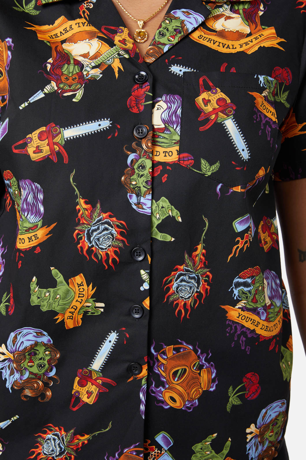 Organic Cotton Short-Sleeve Collared Button-Down Tattoo Zombie Print Shirt in Black