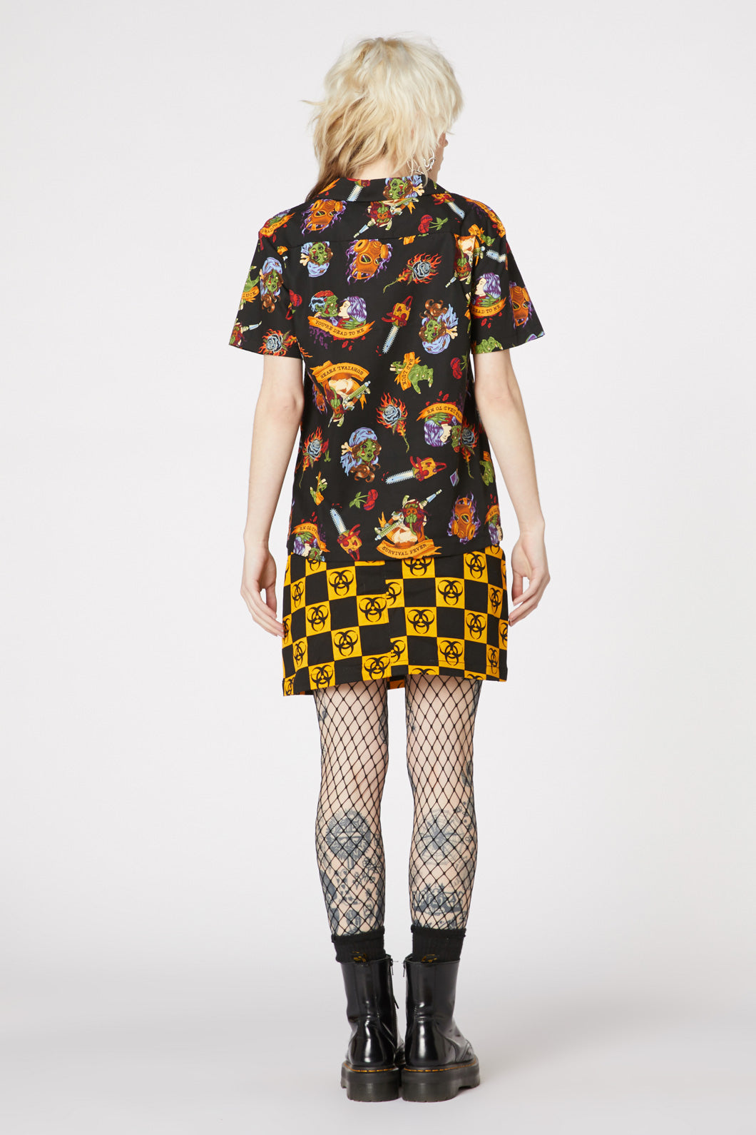 Organic Cotton Short-Sleeve Collared Button-Down Tattoo Zombie Print Shirt in Black