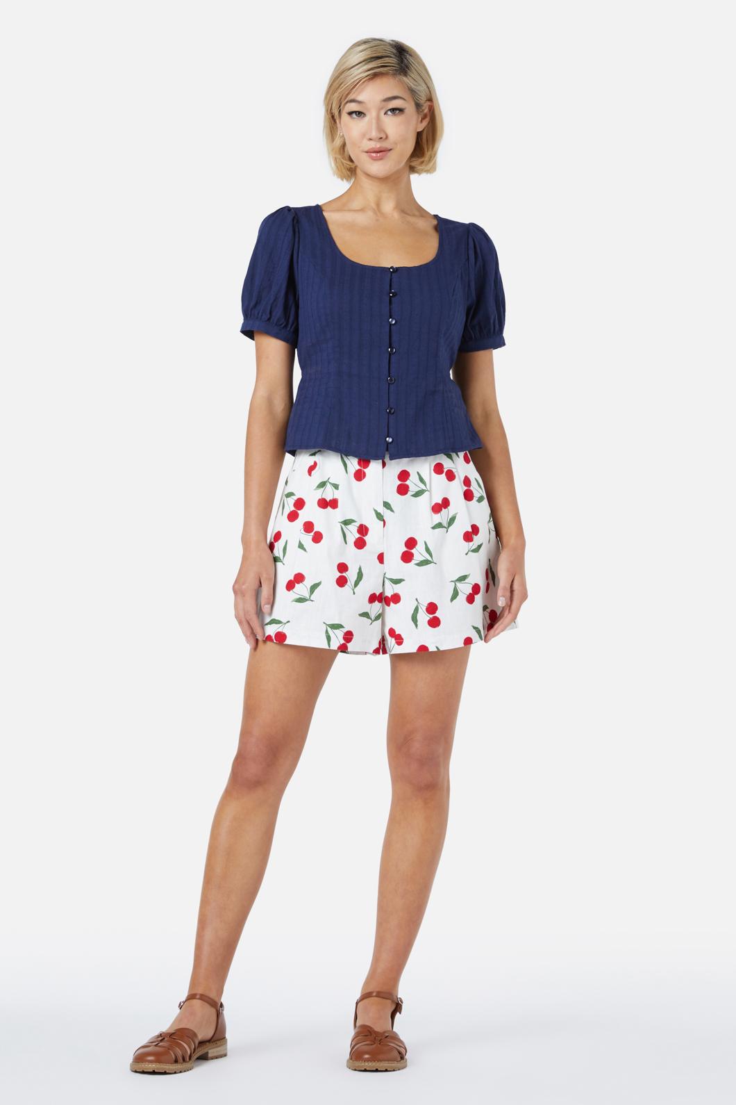Cherry & Navy Textured Cotton Neisha Top with Short Puffed Sleeves