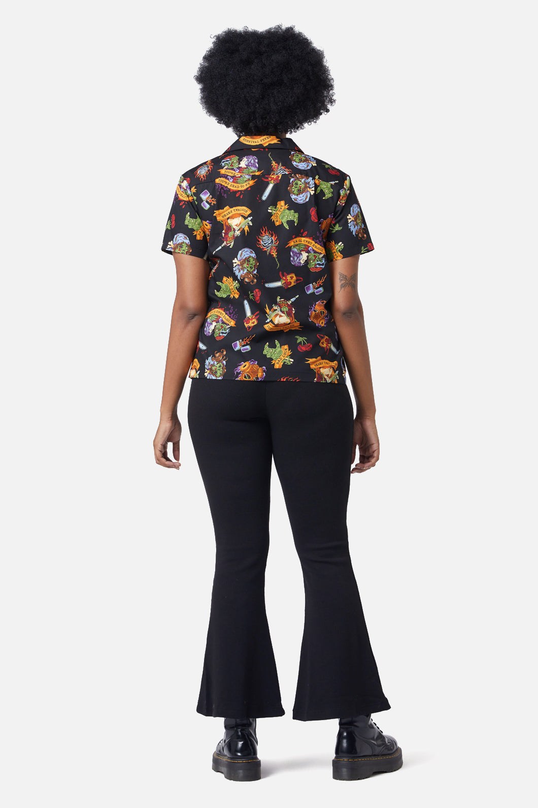 Organic Cotton Short-Sleeve Collared Button-Down Tattoo Zombie Print Shirt in Black