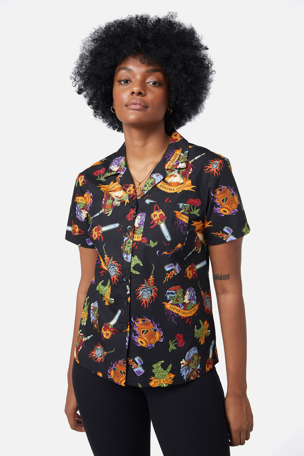 Organic Cotton Short-Sleeve Collared Button-Down Tattoo Zombie Print Shirt in Black