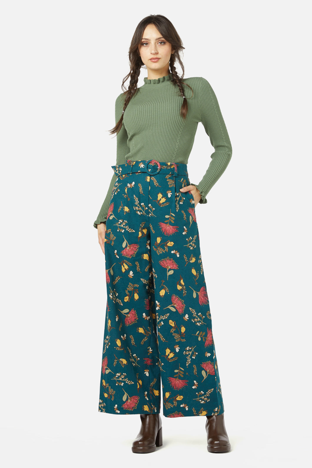 Teal High-Waisted Linen-Cotton Blend NZ Flora Print Pant