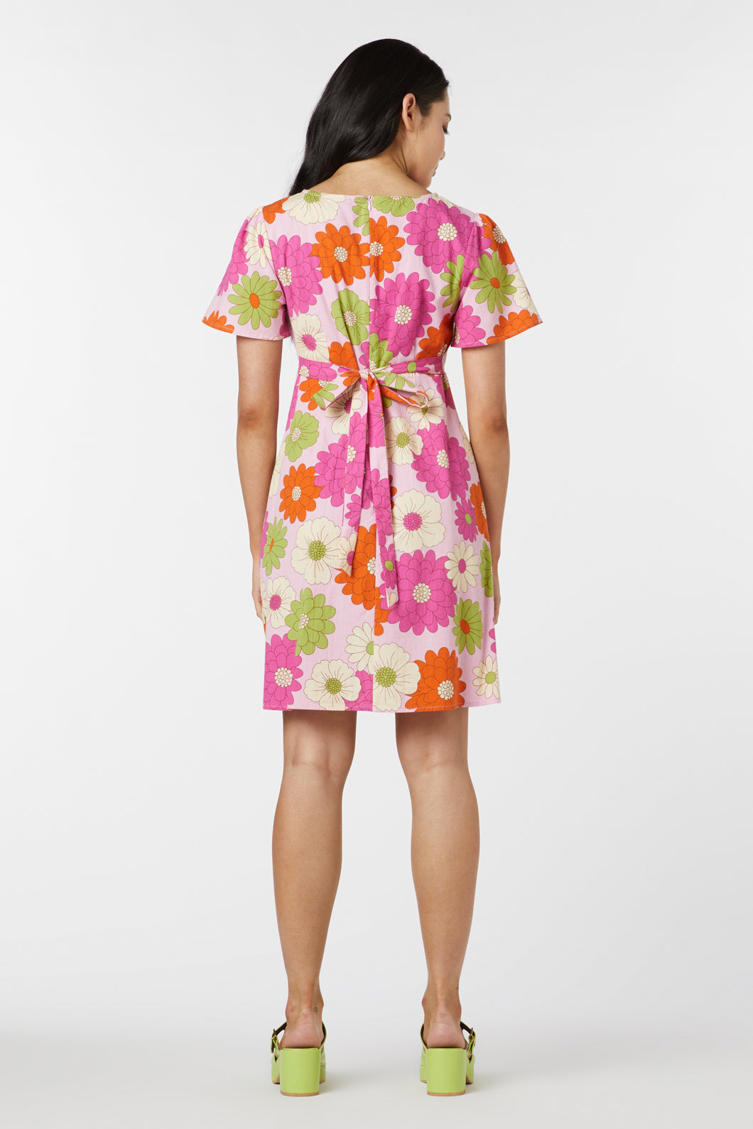 Pink Textured 100% Cotton Susan Floral Retro Mini Dress