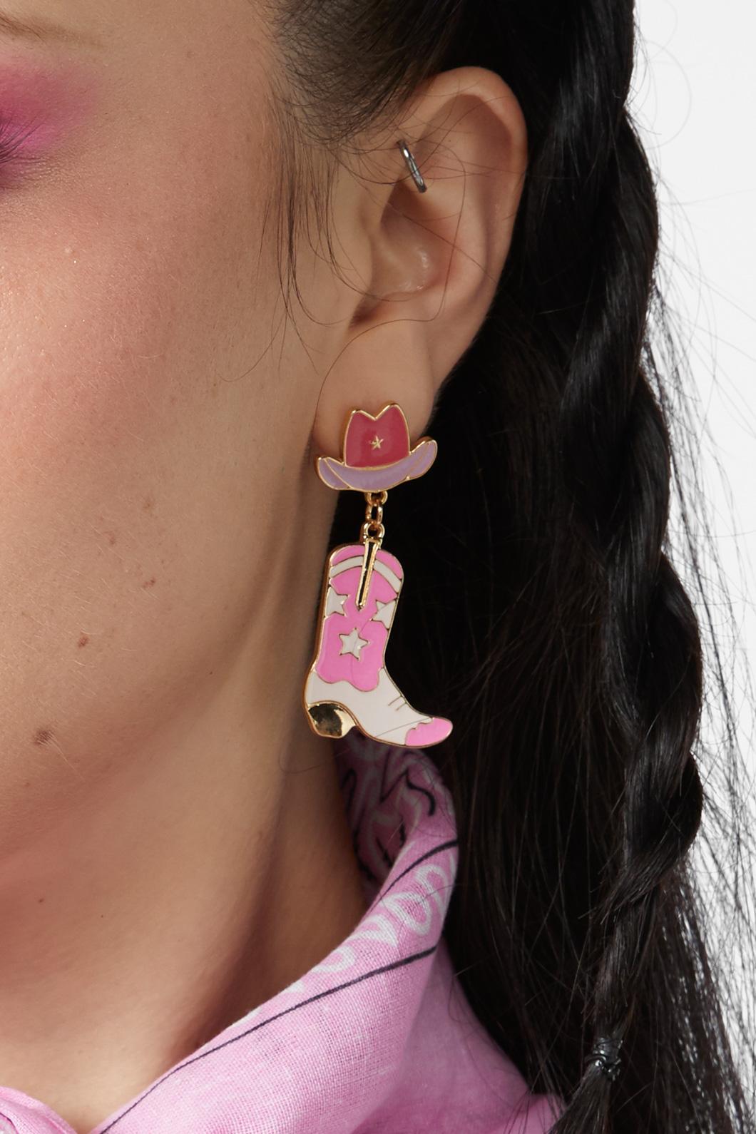Stylish Pink Western Cowboy Outlaw Stud Earrings with Hat and Boot Charms