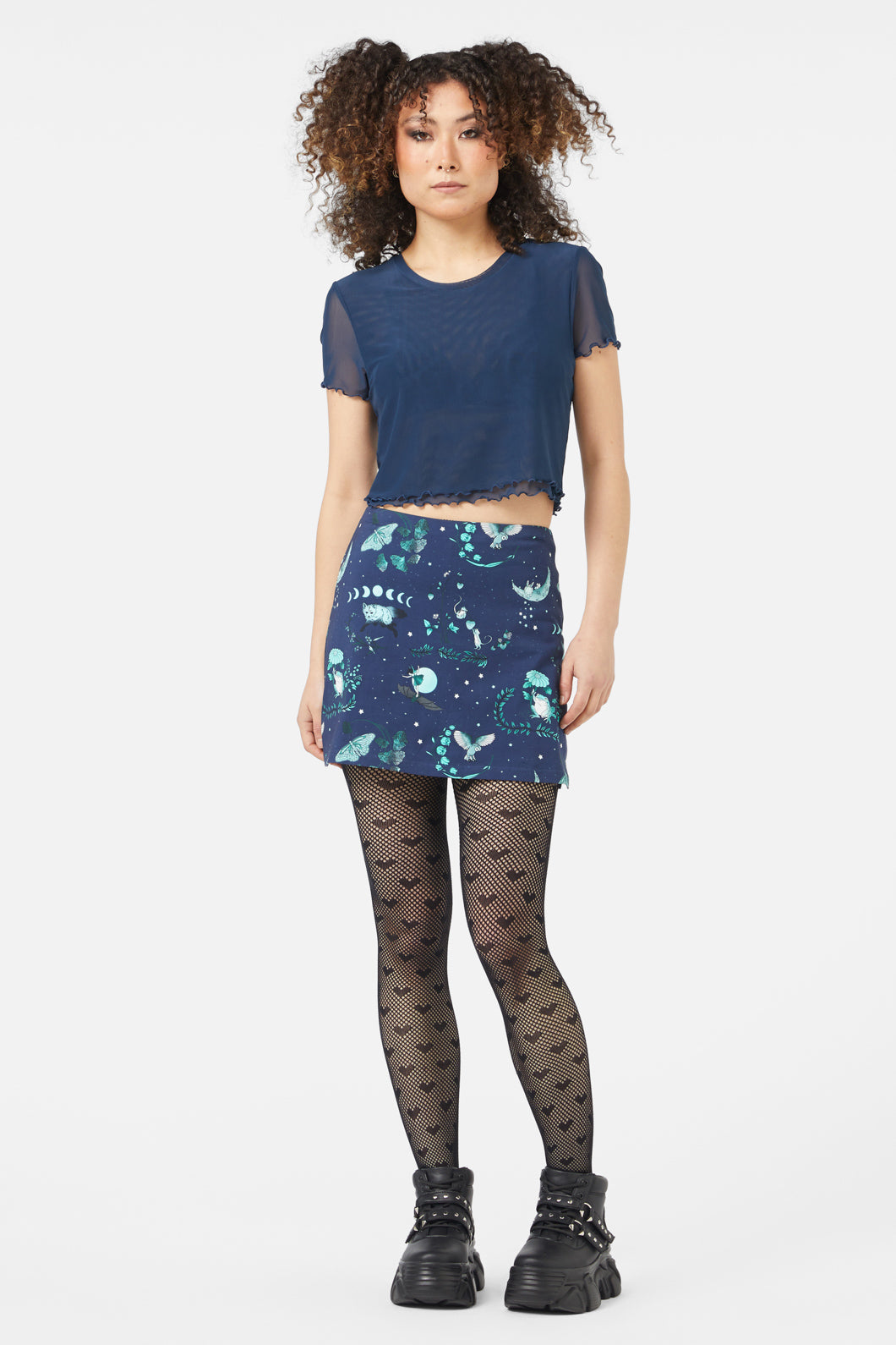 Midnight Cropped Short - Sleeved Polyester Elastane Blend Moth Top