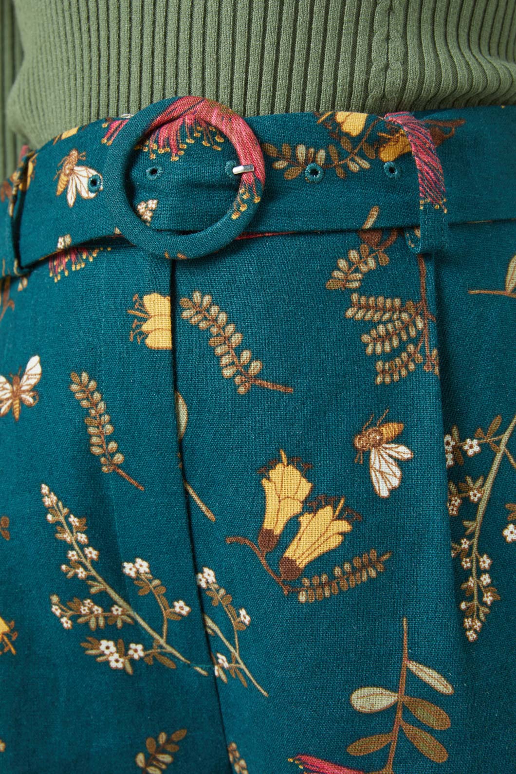 Teal High-Waisted Linen-Cotton Blend NZ Flora Print Pant