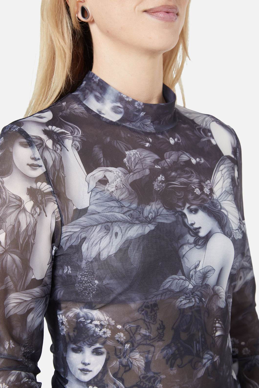 Stretchy Polyester Nymph Mesh Top with Forest Fae Graphic