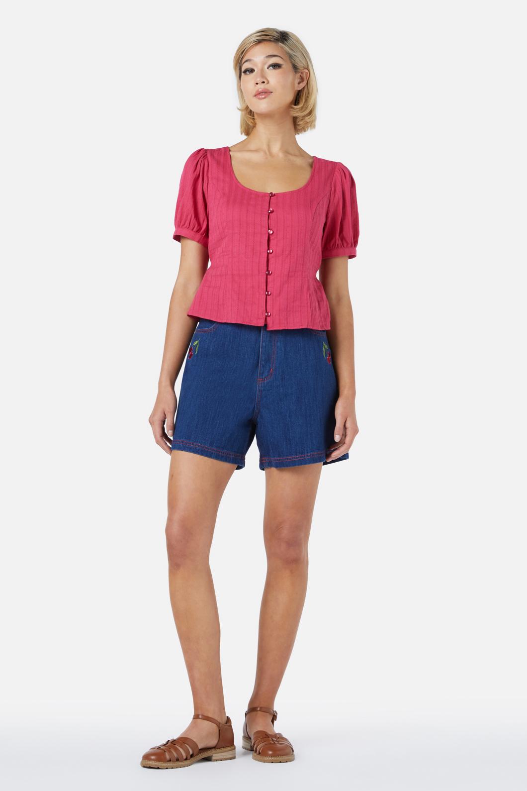Cherry & Navy Textured Cotton Neisha Top with Short Puffed Sleeves