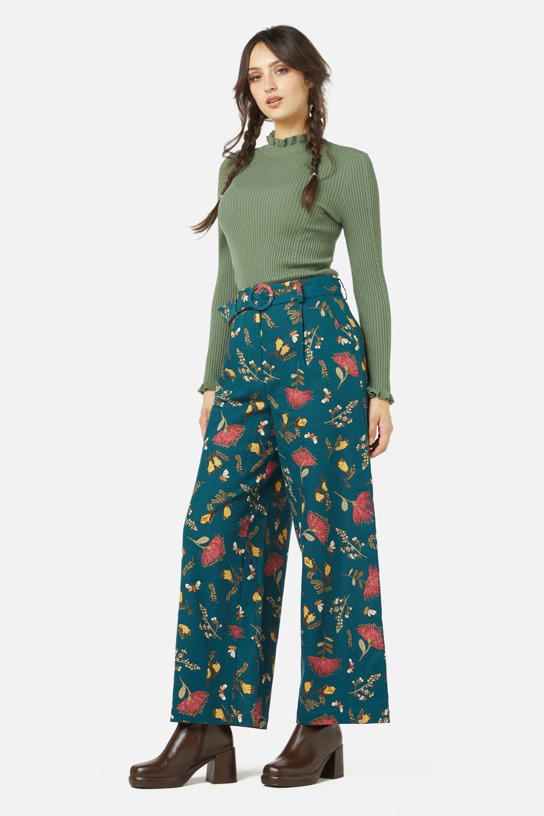 Teal High-Waisted Linen-Cotton Blend NZ Flora Print Pant